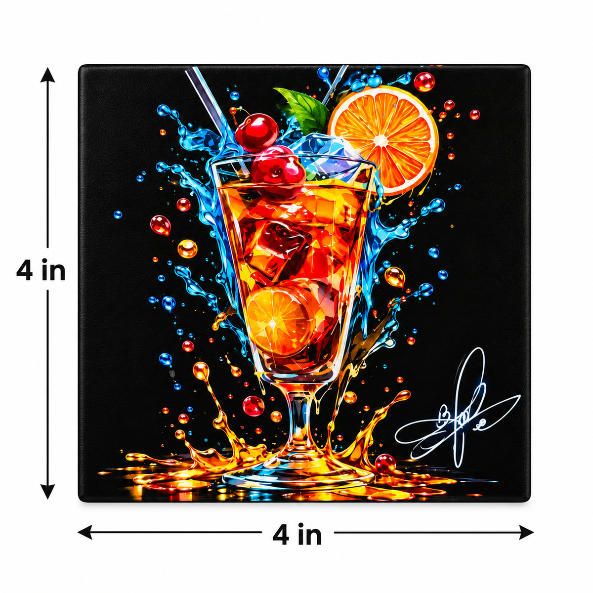Tropical Cocktail Ceramic Coaster, 4" × 4" with Cork Backing – Designed by Bioff