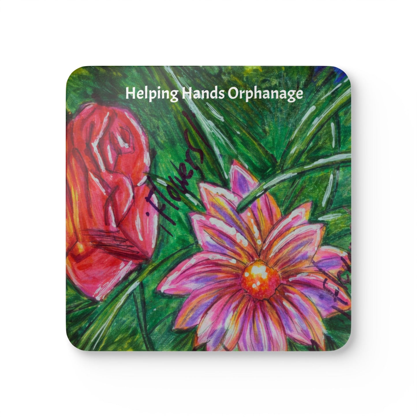 Cork Coaster Set — "Helping Hands Orphanage" Floral Artwork