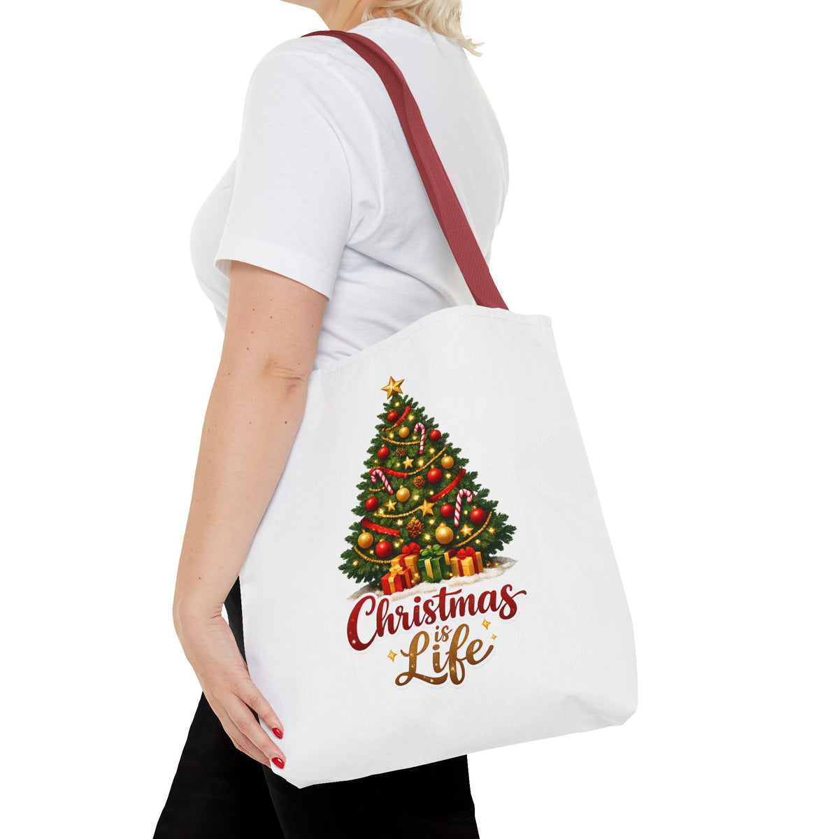 Christmas Is Life Tote Bag – Classic Christmas Tree Design by Osnel - need new photo 7.23.2026