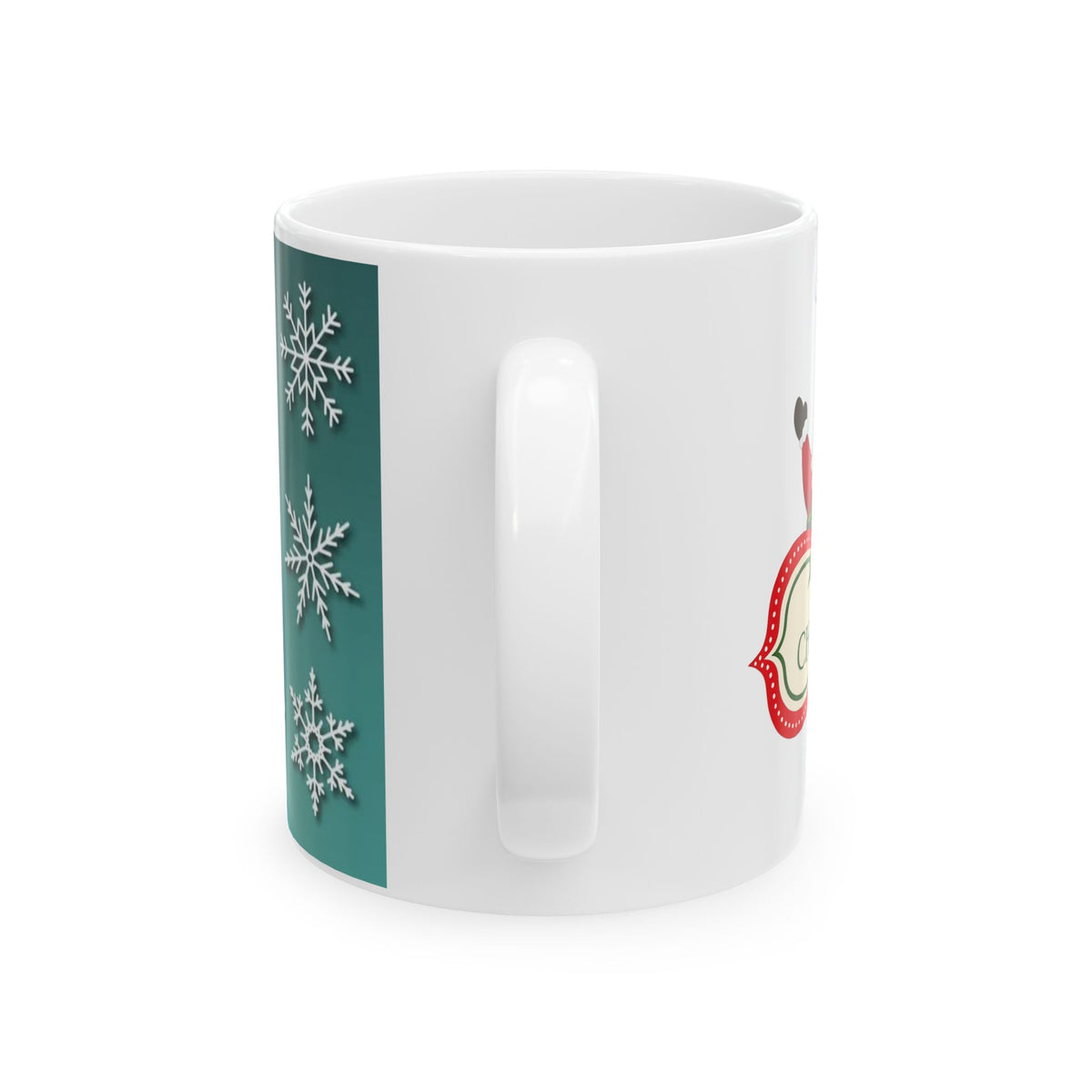 Christmas Santa Mug – Green Snowflake Holiday Coffee Cup | Helping Hands Orphanage – Designed by Osnel