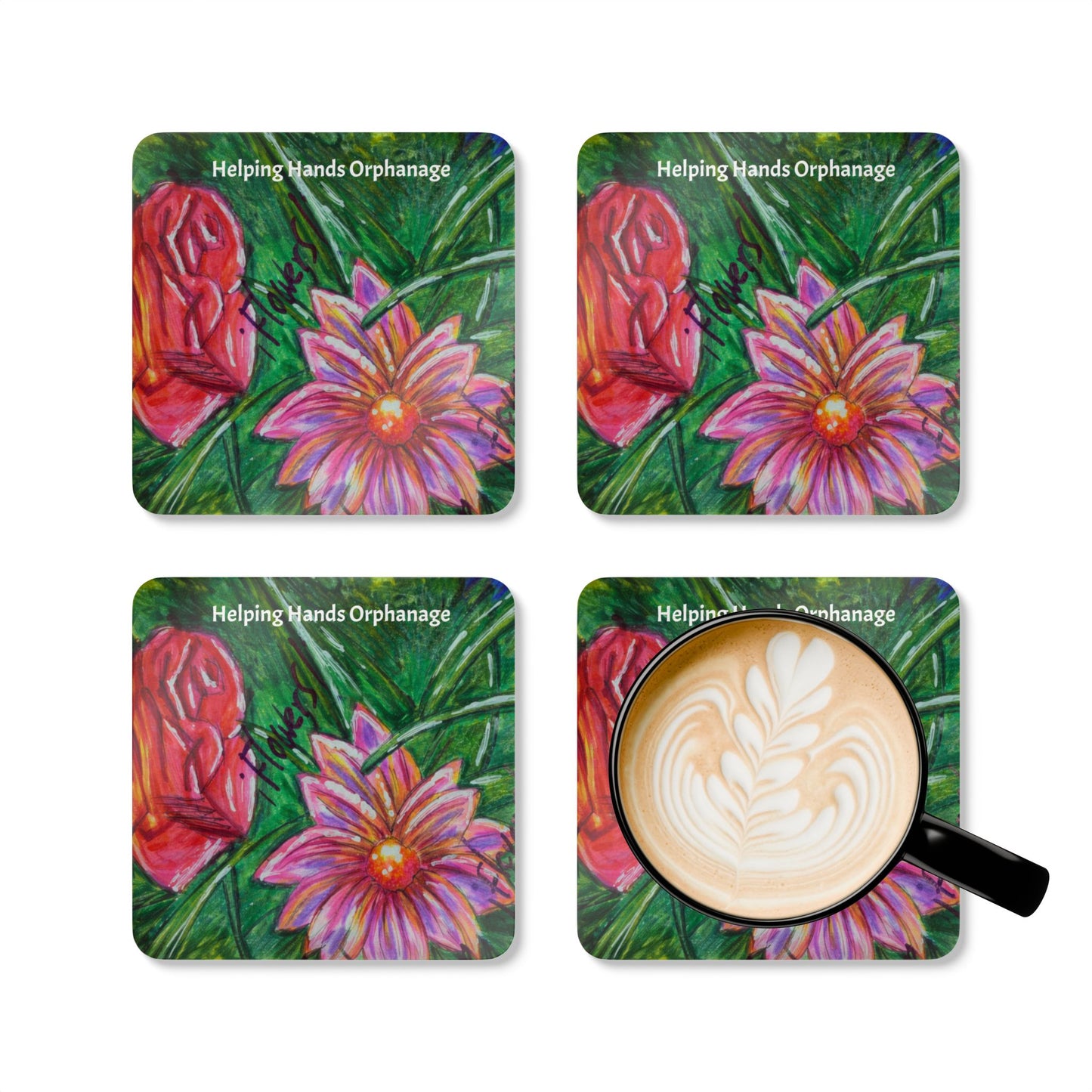 Cork Coaster Set — "Helping Hands Orphanage" Floral Artwork