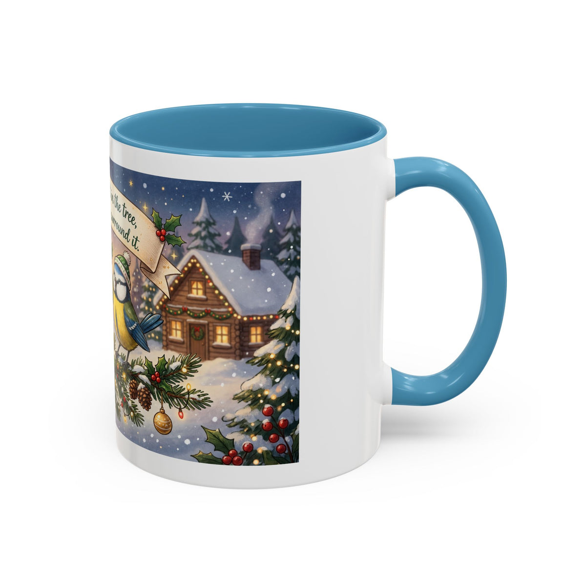 Cozy Christmas Ceramic Mug – Winter Cabin & Cardinal Holiday Coffee Cup | Helping Hands Orphanage – Designed by Osnel