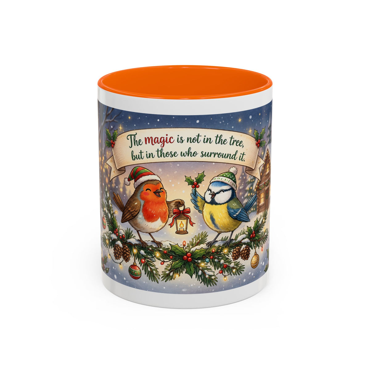 Cozy Christmas Ceramic Mug – Winter Cabin & Cardinal Holiday Coffee Cup | Helping Hands Orphanage – Designed by Osnel