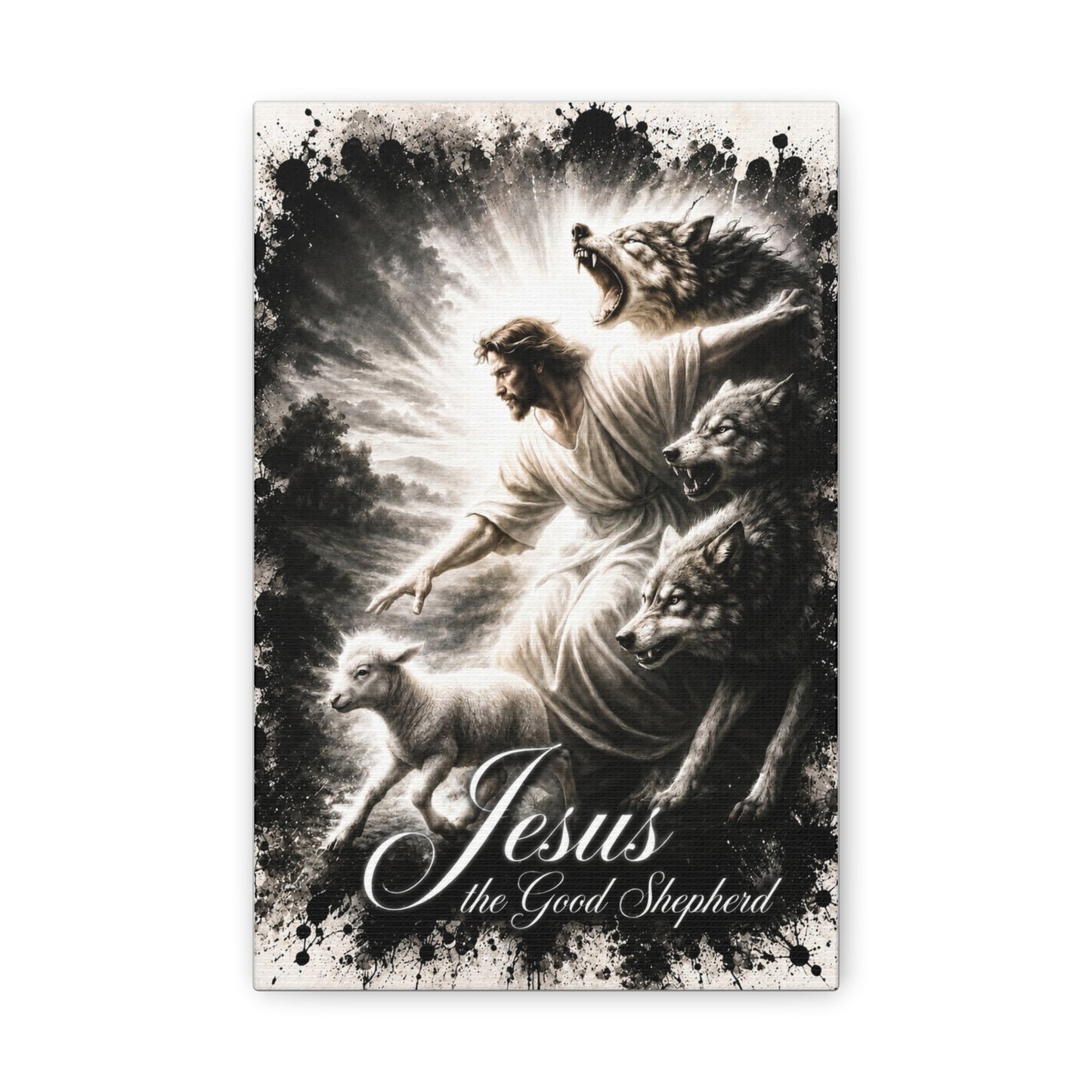 Jesus the Good Shepherd Canvas Wall Art – Christian Religious Wall Decor Featuring the Lamb and Wolves by Bioff