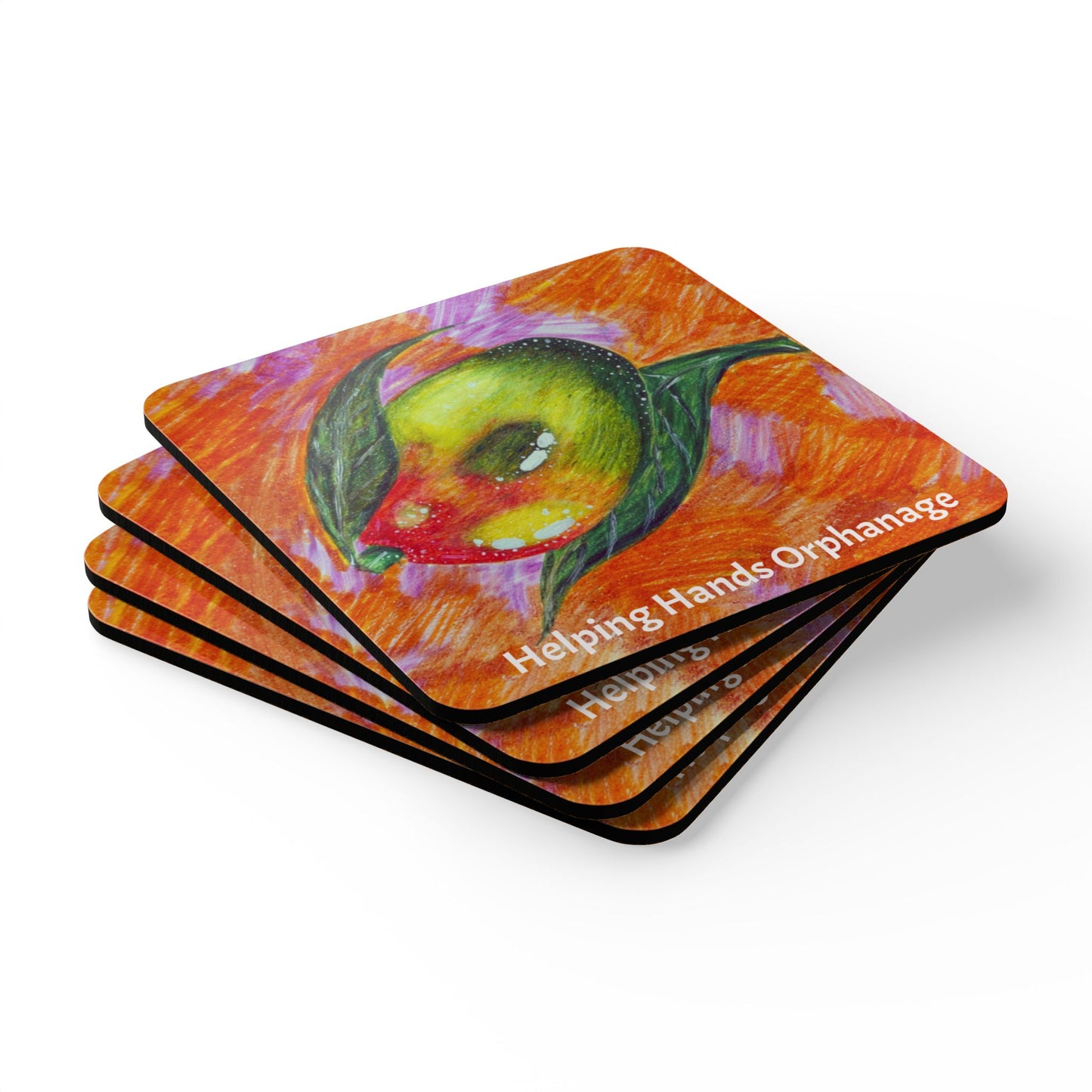 Cork Coaster Set — Colorful Mango Art with "Helping Hands Orphanage"