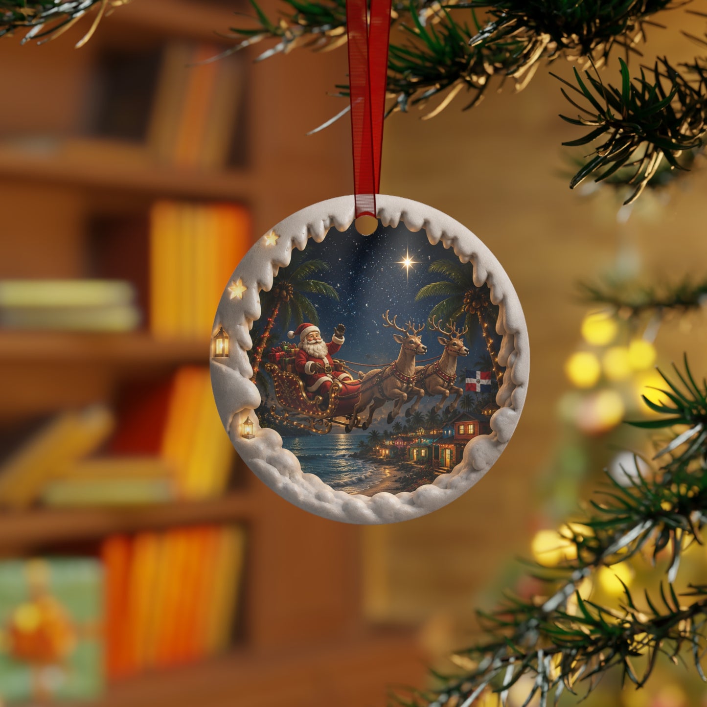 Cultural Christmas Decoration Dominican Ornament Santa Sleigh Caribbean Waters Scene Tropical Holiday Gift Beach Village Palm Trees Island Decor Turquoise Ocean View Dominican Republic Flag Design Unique Tree Ornament Coastal Christmas