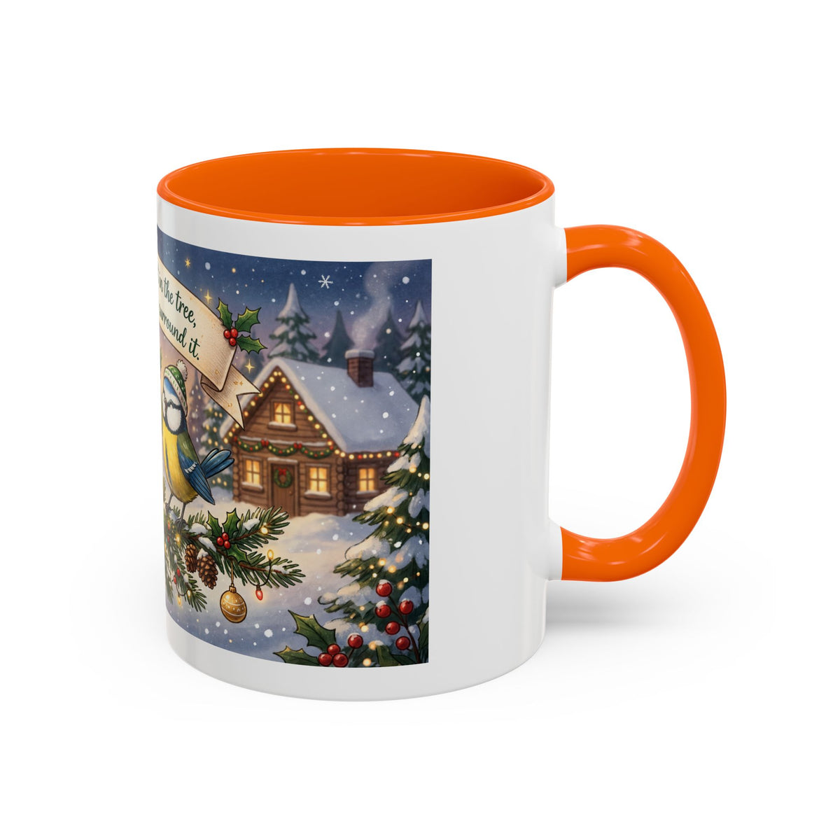 Cozy Christmas Ceramic Mug – Winter Cabin & Cardinal Holiday Coffee Cup | Helping Hands Orphanage – Designed by Osnel