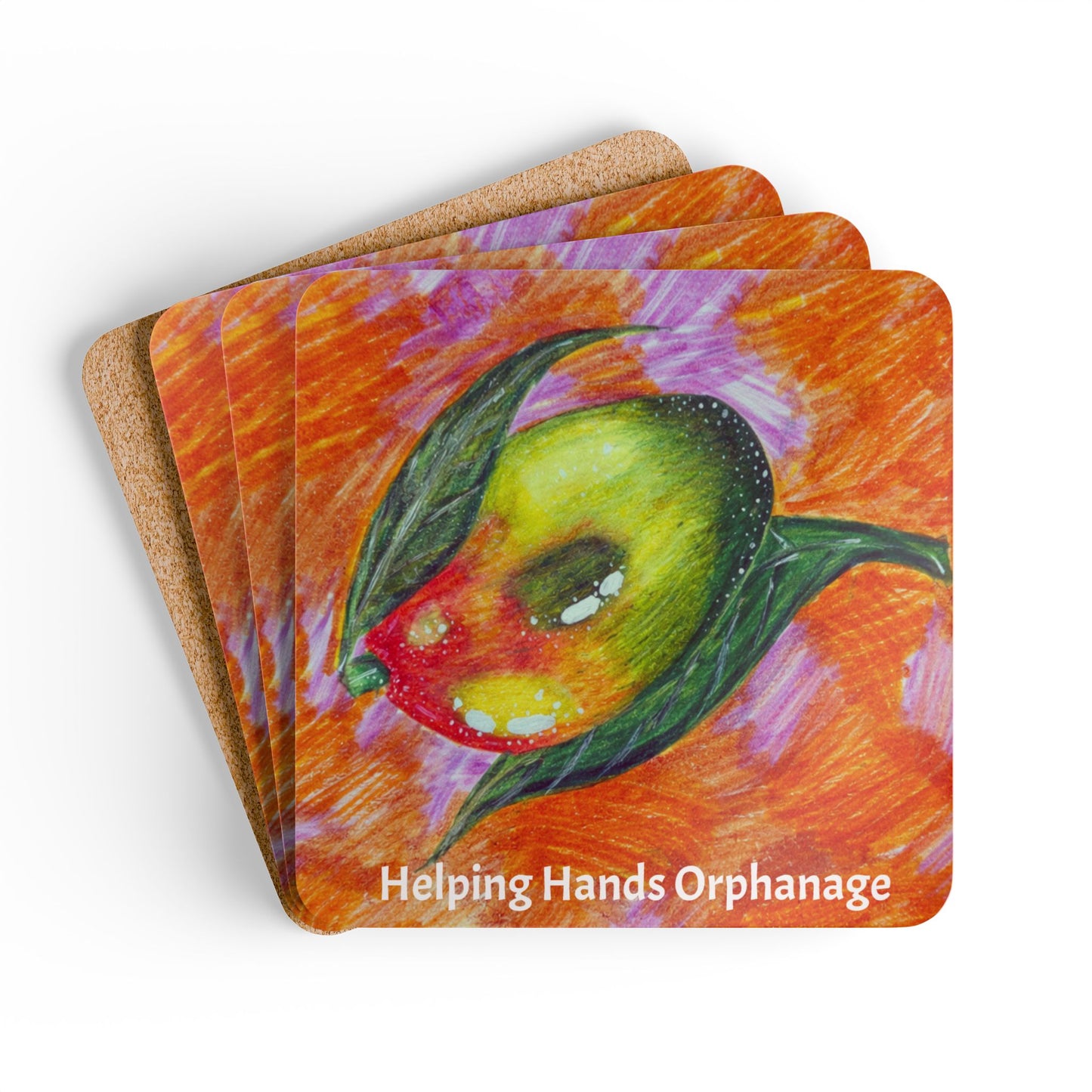 Cork Coaster Set — Colorful Mango Art with "Helping Hands Orphanage"