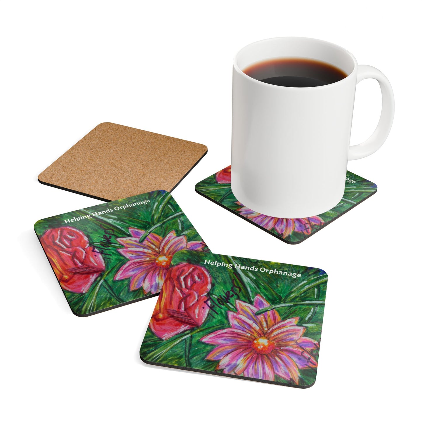 Cork Coaster Set — "Helping Hands Orphanage" Floral Artwork