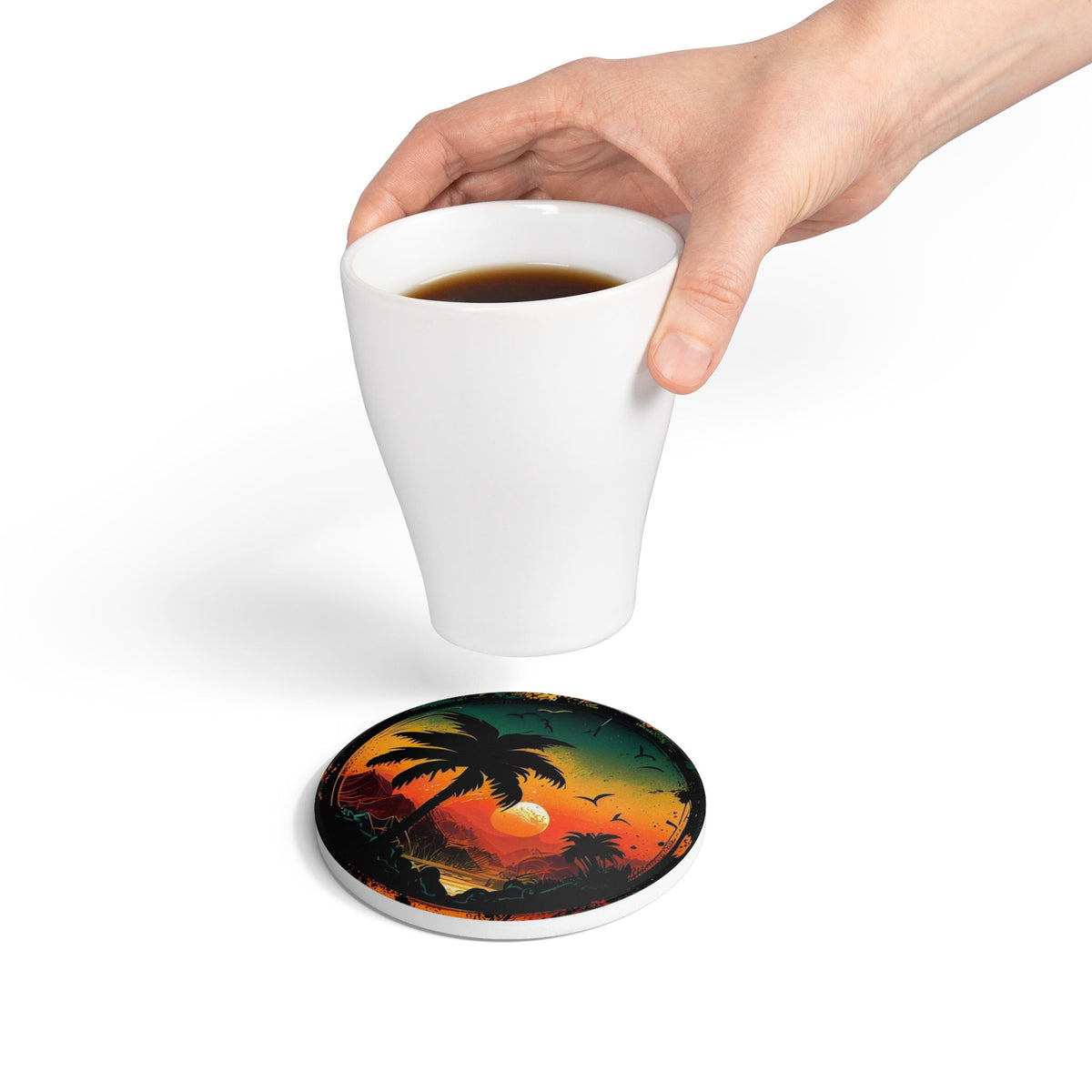 Tropical Sunset Palm Tree Ceramic Coaster – Designed by Ezequiel
