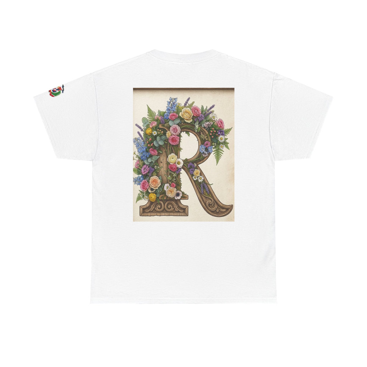 RAW Graphic T-Shirt with Dog Hug Illustration and Floral Letter R – Designed by Osnel