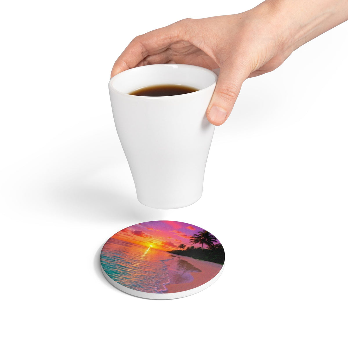 Tropical Sunset Ceramic Coaster with Palm Trees – Designed by Ezequiel