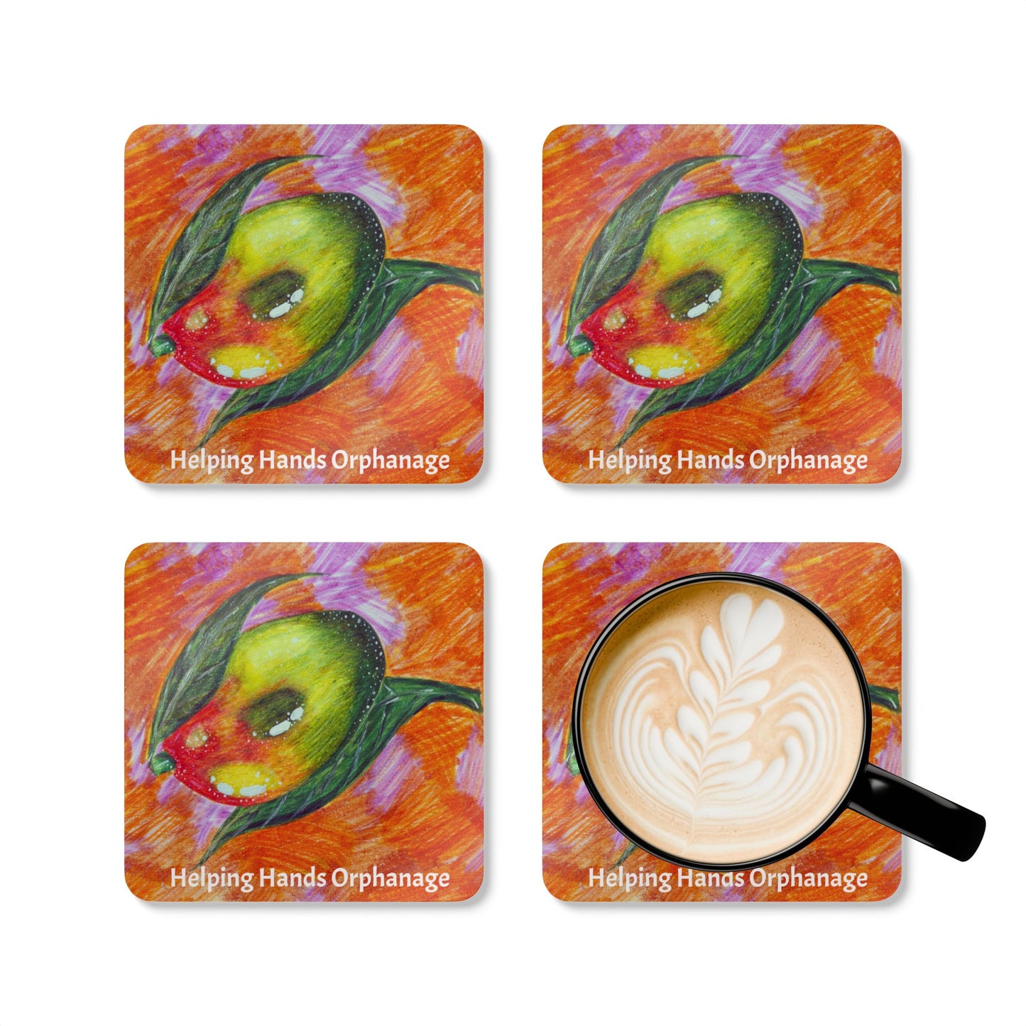Cork Coaster Set — Colorful Mango Art with "Helping Hands Orphanage"