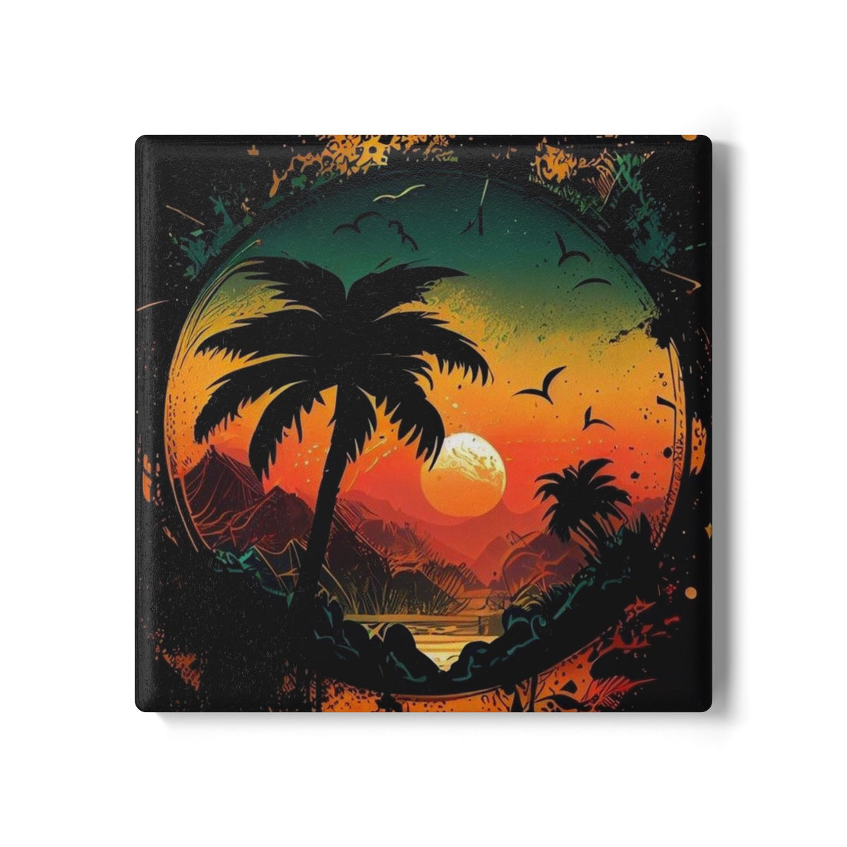 Tropical Sunset Palm Tree Ceramic Coaster – Designed by Ezequiel