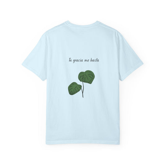 Monstera Leaf Tee — "tu gracia me basta" Spanish Plant Graphic T-Shirt by Ana