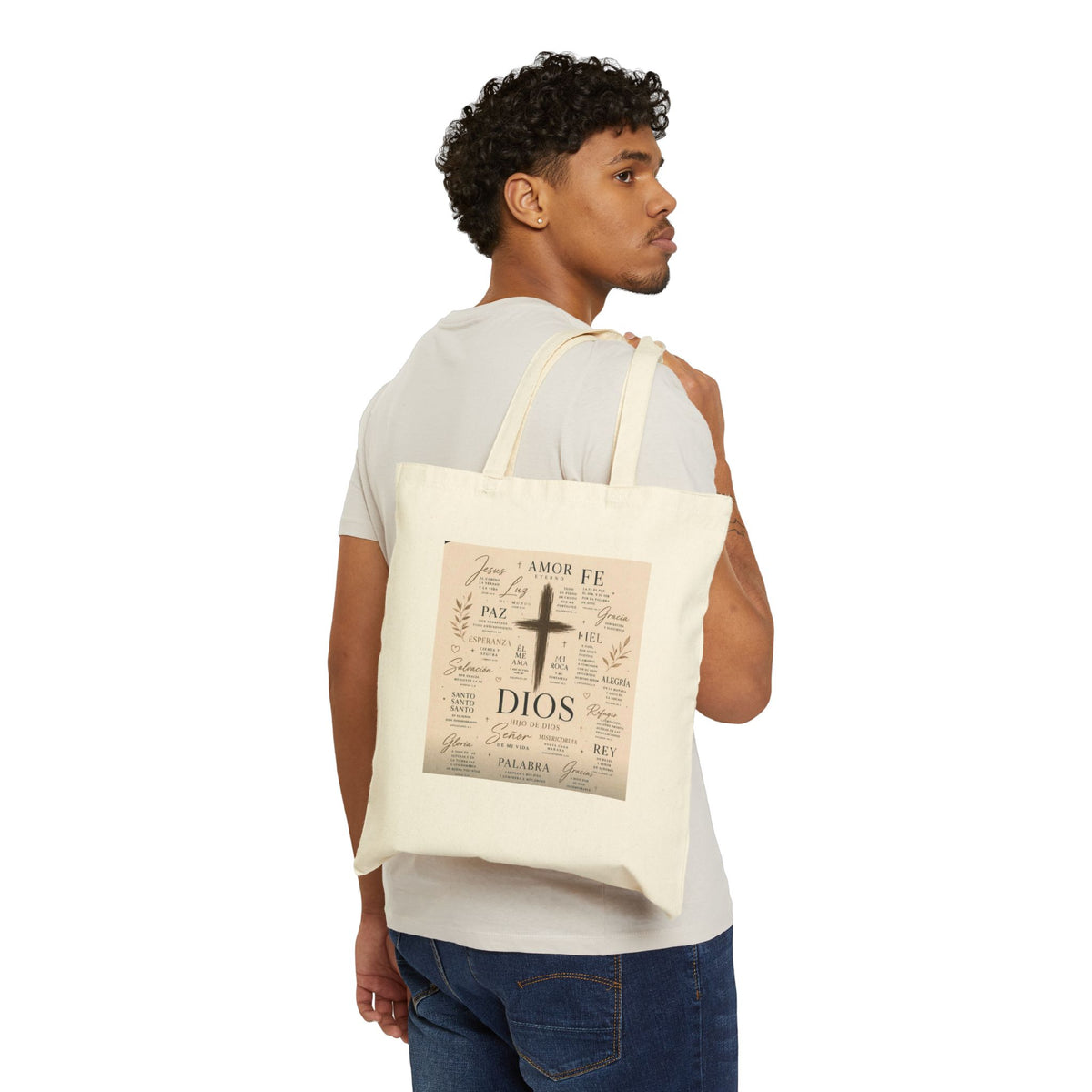 Spanish Faith Cross Cotton Canvas Tote Bag with DIOS Design – Designed by Albert