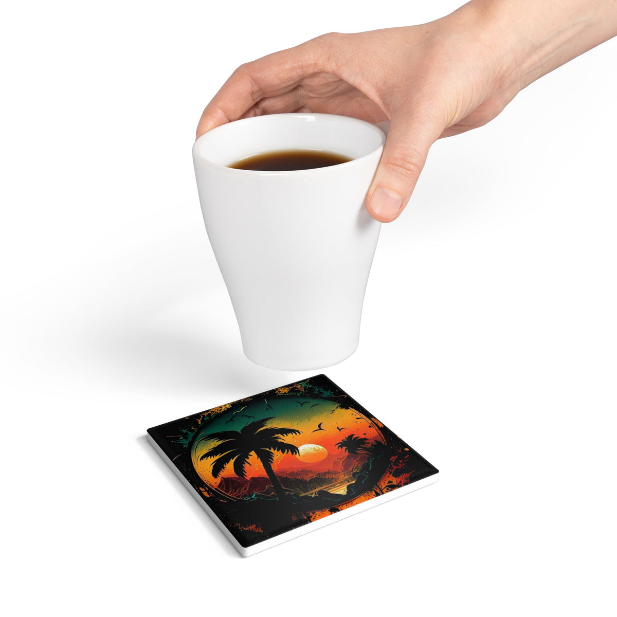 Tropical Sunset Palm Tree Ceramic Coaster – Designed by Ezequiel