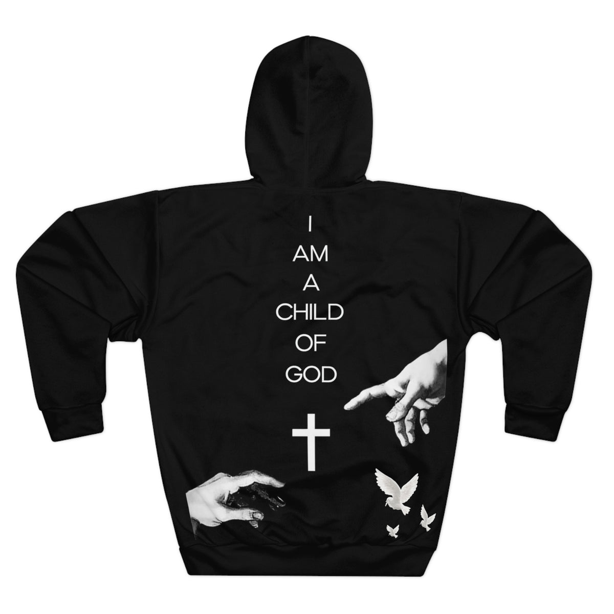 Christian Black All-Over Hoodie with Crosses and “I Am a Child of God” – Designed by Tony