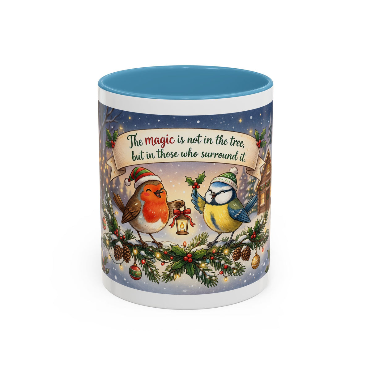 Cozy Christmas Ceramic Mug – Winter Cabin & Cardinal Holiday Coffee Cup | Helping Hands Orphanage – Designed by Osnel