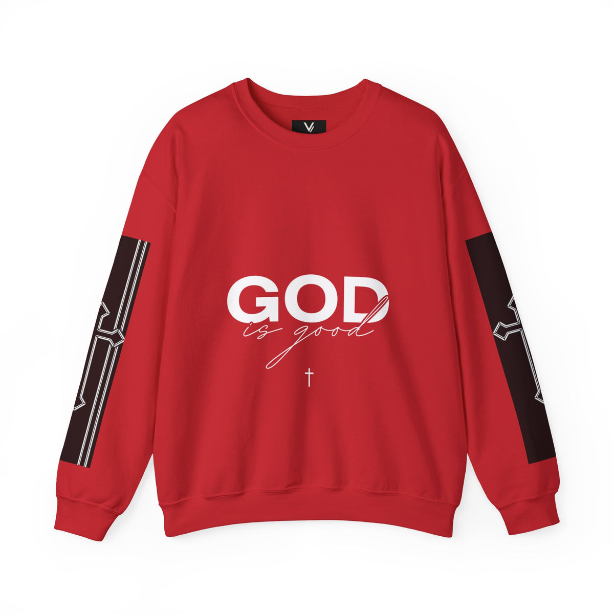 GOD Is Good Christian Crewneck Sweatshirt with Psalm 28:7 Design – Designed by Tony