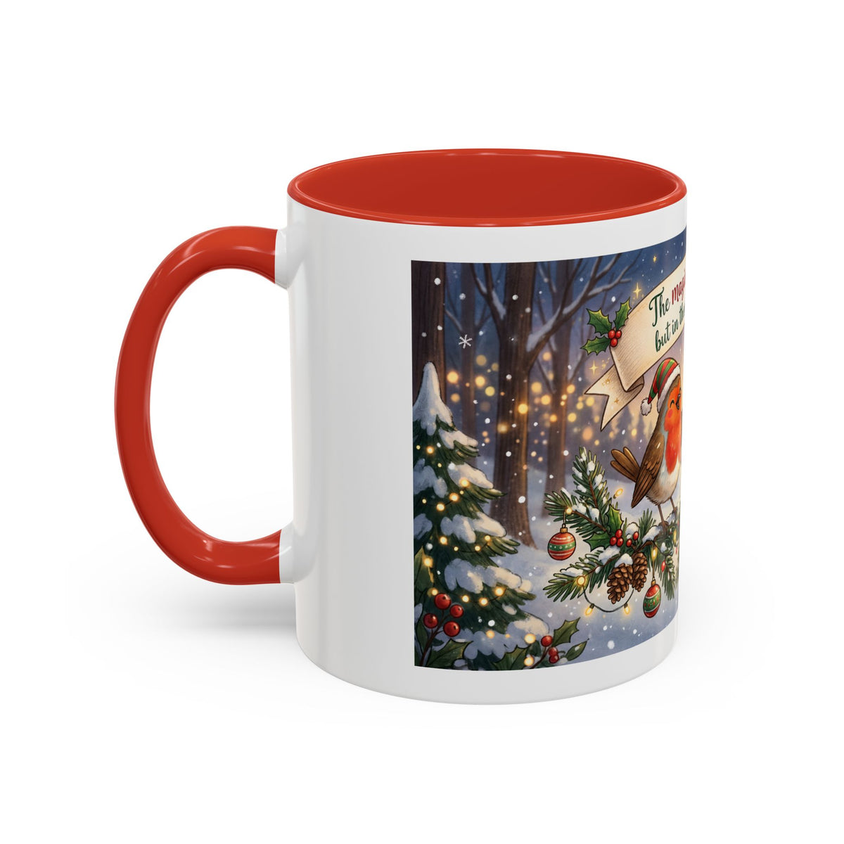 Cozy Christmas Ceramic Mug – Winter Cabin & Cardinal Holiday Coffee Cup | Helping Hands Orphanage – Designed by Osnel