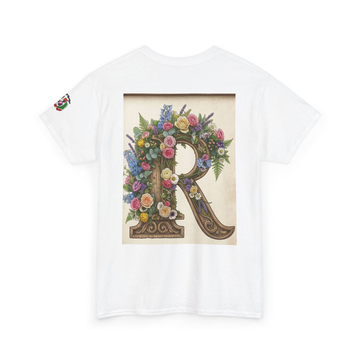 RAW Graphic T-Shirt with Dog Hug Illustration and Floral Letter R – Designed by Osnel