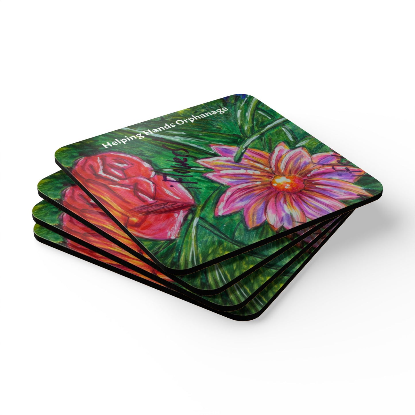 Cork Coaster Set — "Helping Hands Orphanage" Floral Artwork