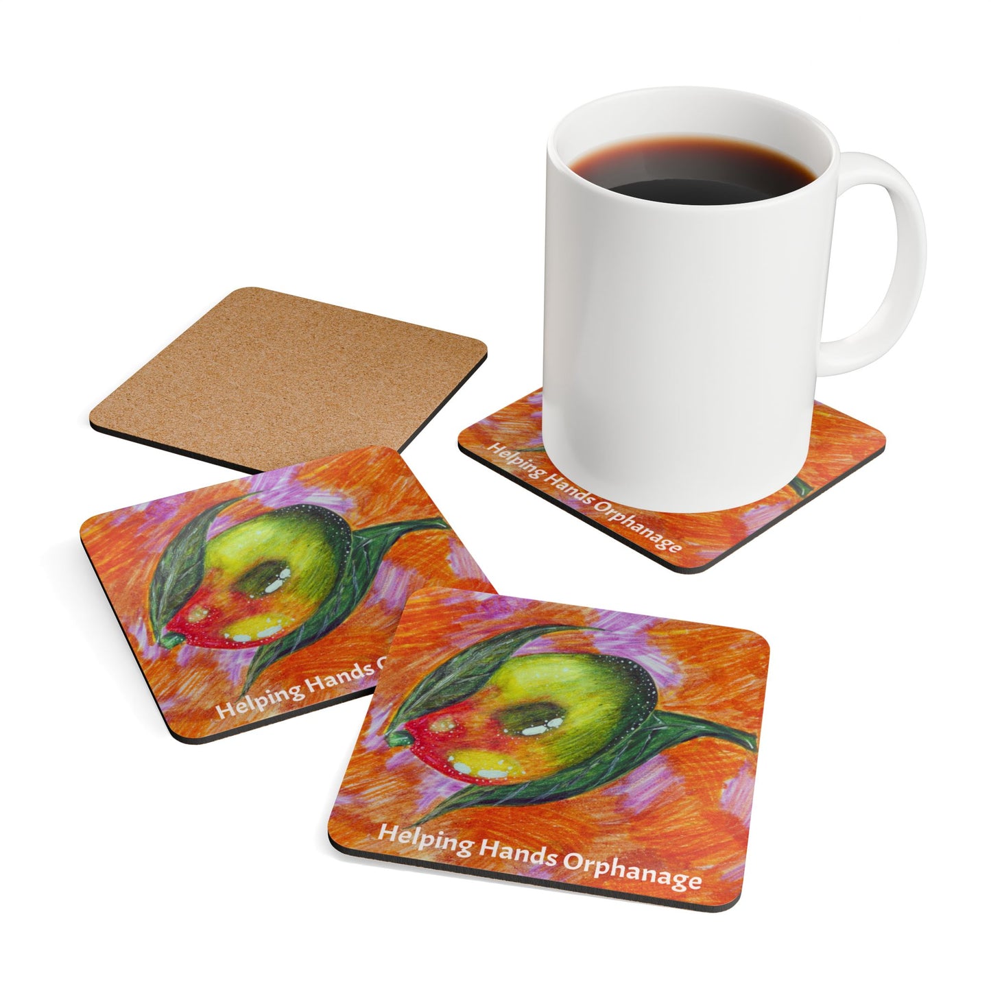 Cork Coaster Set — Colorful Mango Art with "Helping Hands Orphanage"