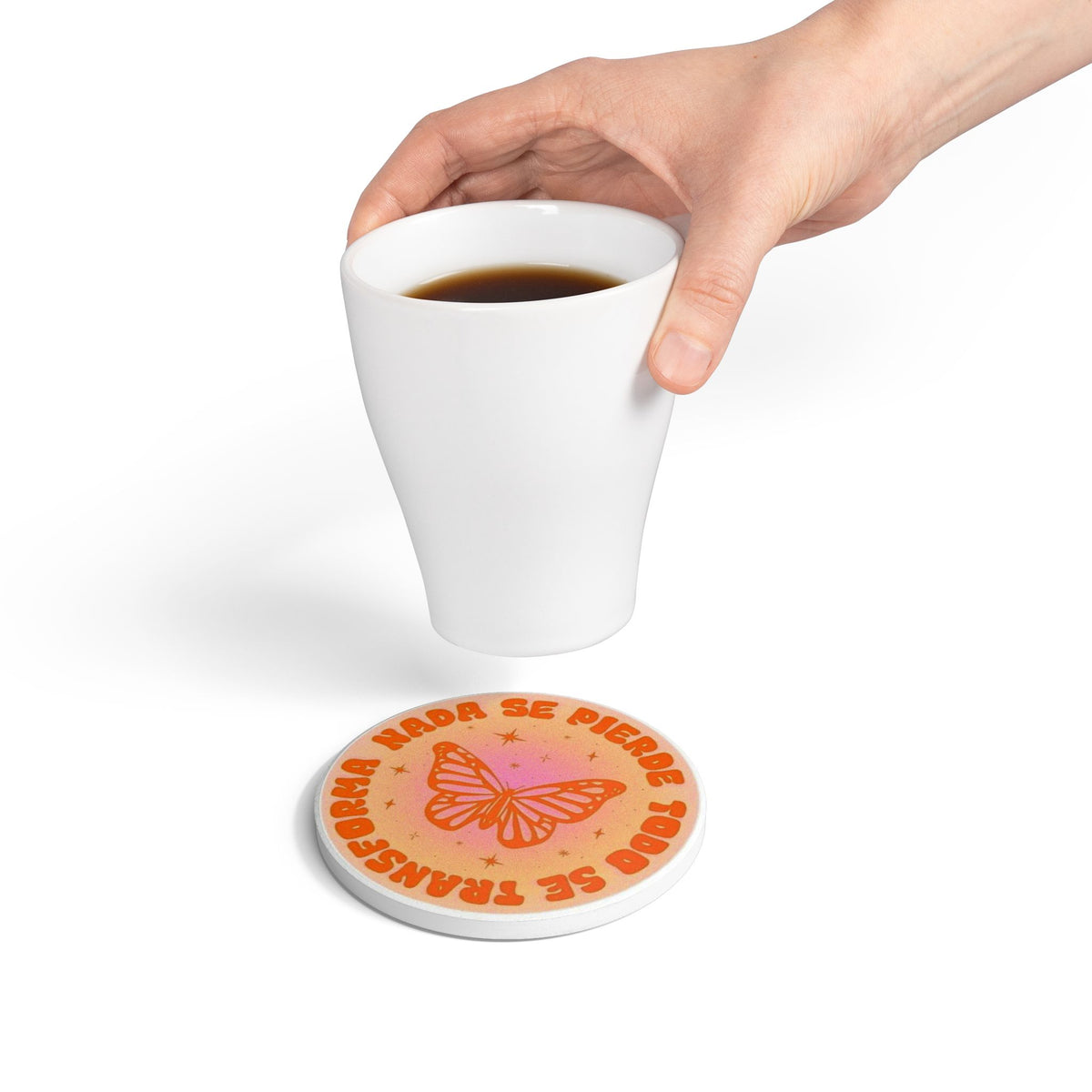 Butterfly Ceramic Coaster with Spanish Quote “Nada Se Pierde, Todo Se Transforma” – Designed by Lorenzo