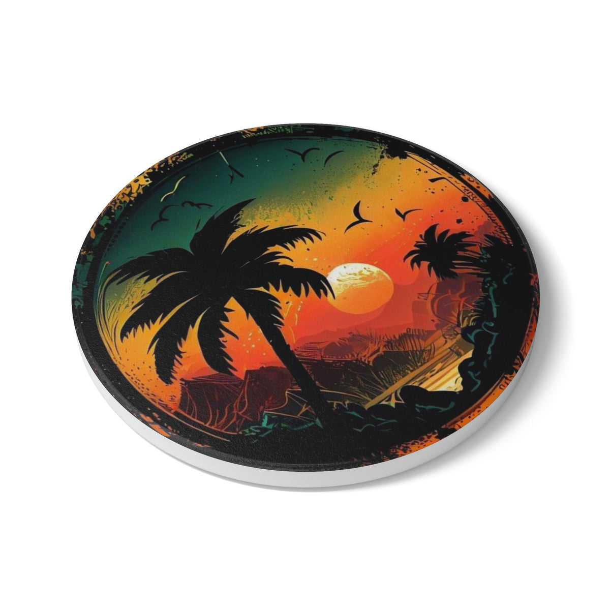 Tropical Sunset Palm Tree Ceramic Coaster – Designed by Ezequiel
