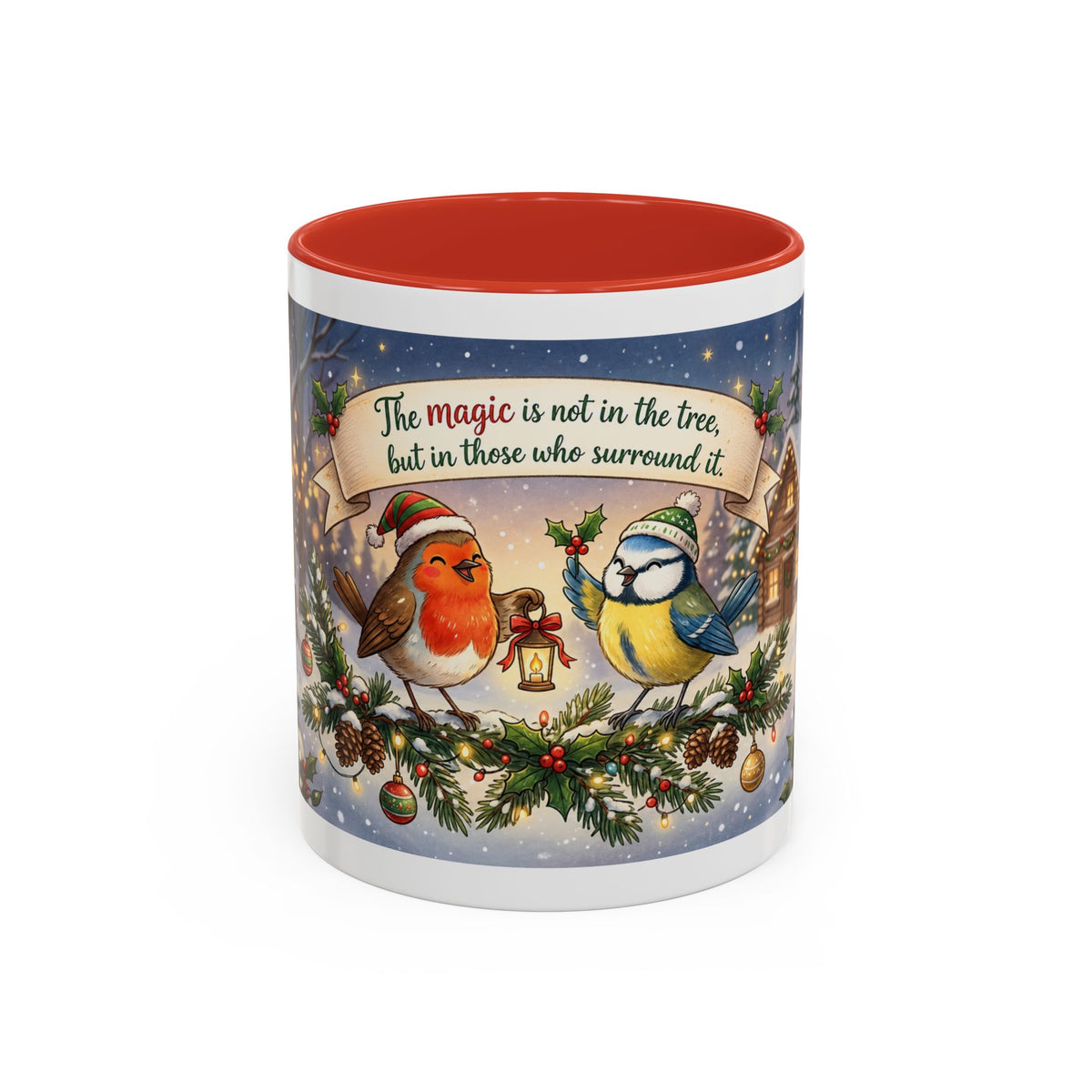 Cozy Christmas Ceramic Mug – Winter Cabin & Cardinal Holiday Coffee Cup | Helping Hands Orphanage – Designed by Osnel