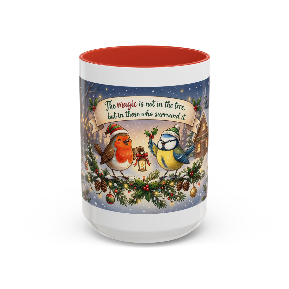 Cozy Christmas Ceramic Mug – Winter Cabin & Cardinal Holiday Coffee Cup | Helping Hands Orphanage – Designed by Osnel
