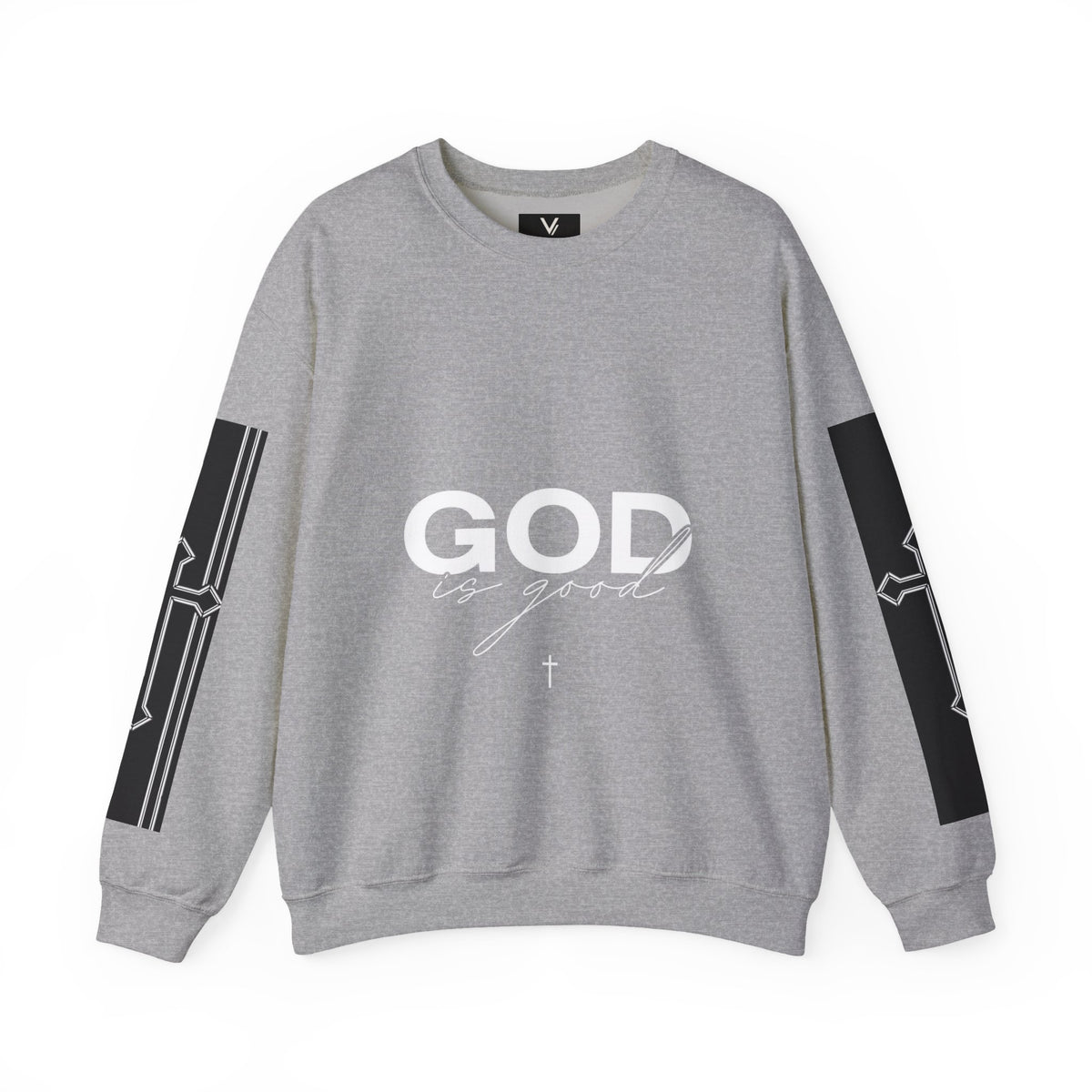 GOD Is Good Christian Crewneck Sweatshirt with Psalm 28:7 Design – Designed by Tony