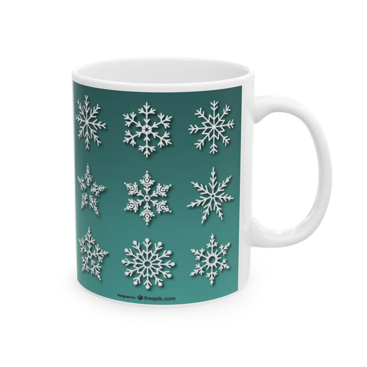 Christmas Santa Mug – Green Snowflake Holiday Coffee Cup | Helping Hands Orphanage – Designed by Osnel