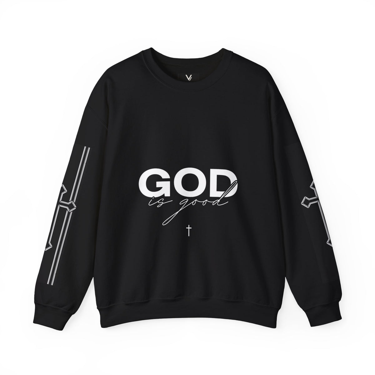 GOD Is Good Christian Crewneck Sweatshirt with Psalm 28:7 Design – Designed by Tony
