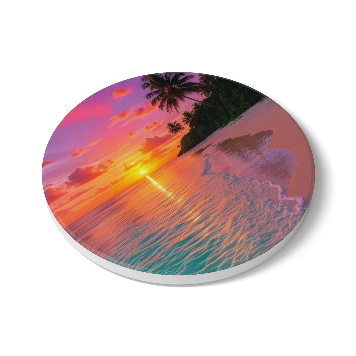Tropical Sunset Ceramic Coaster with Palm Trees – Designed by Ezequiel