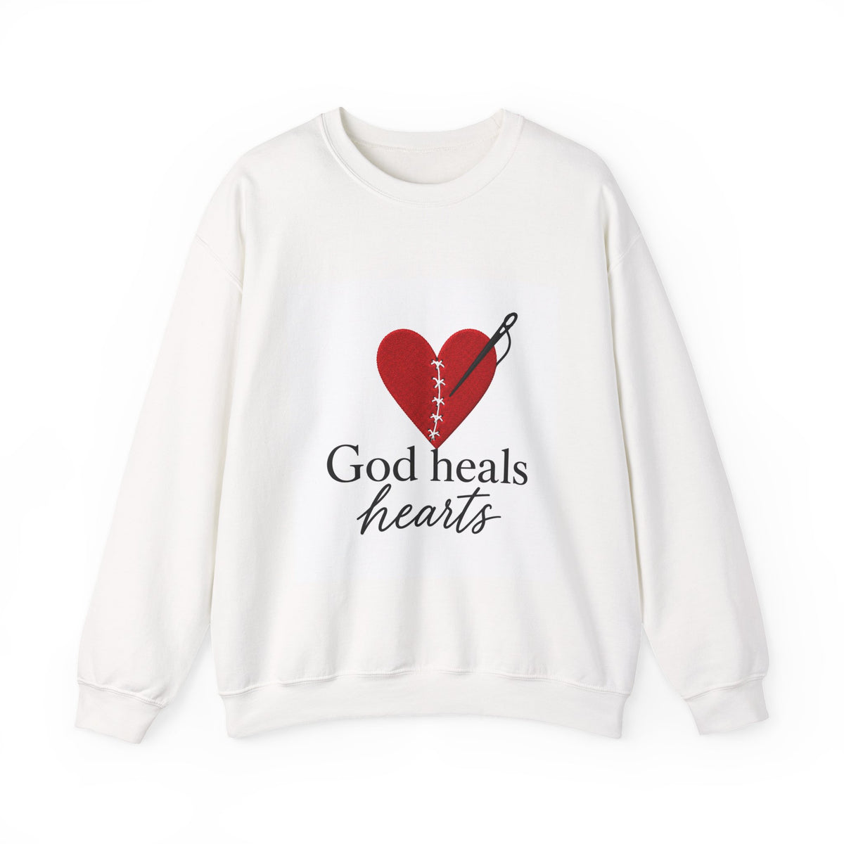 God Heals Hearts Crewneck Sweatshirt – Designed by Maxo