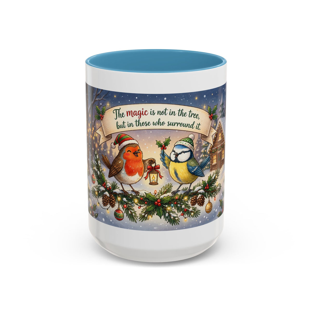 Cozy Christmas Ceramic Mug – Winter Cabin & Cardinal Holiday Coffee Cup | Helping Hands Orphanage – Designed by Osnel