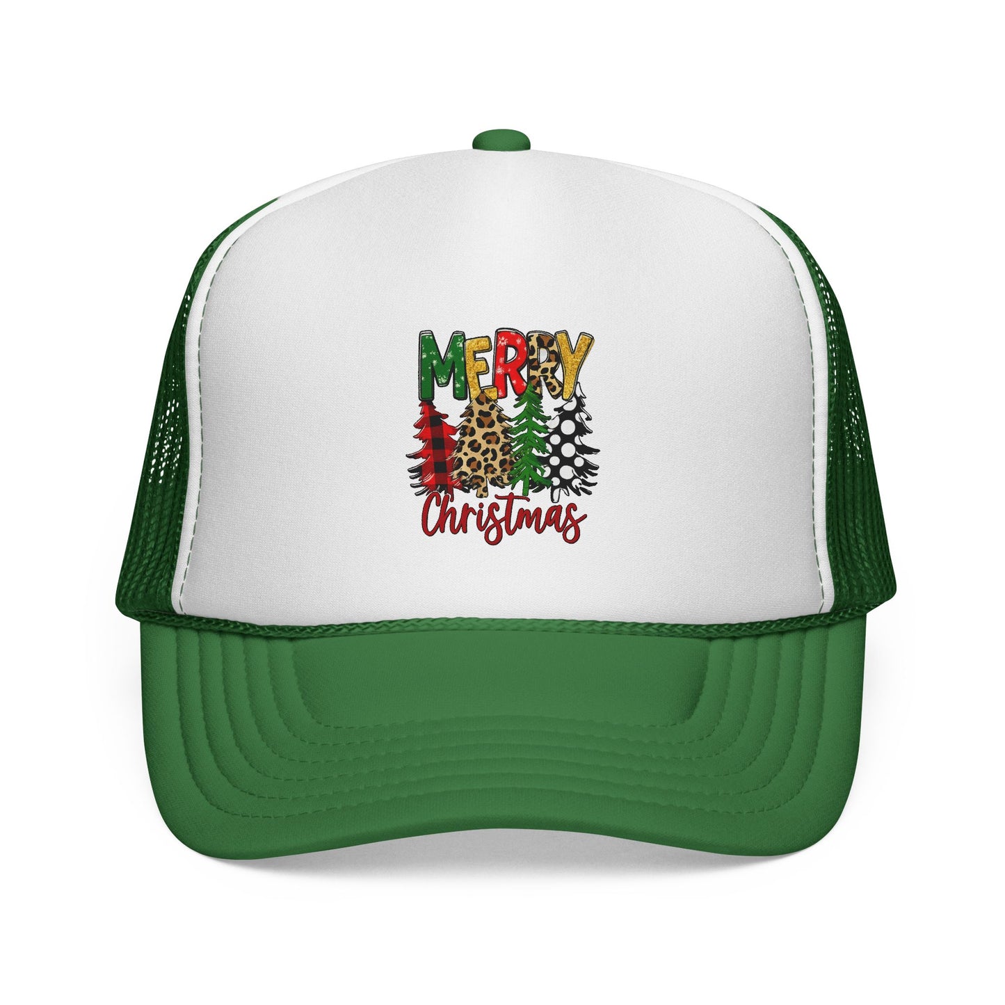 Festive Trucker Hat Comfortable Mesh Back Design Christmas Holiday Cap Lightweight Foam Front Construction Breathable Ventilated Style Merry Christmas Tree Graphic Mixed Pattern Design Buffalo Plaid Leopard Print Details Casual Winter