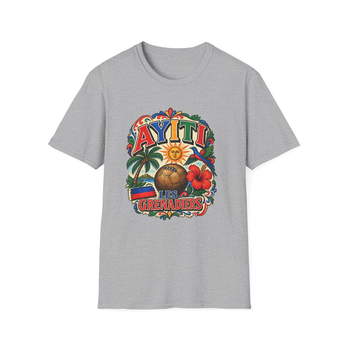 (Osnel)Haiti Grenadiers T-Shirt — Tropical Palm, Hibiscus & Drum Vacation Tee