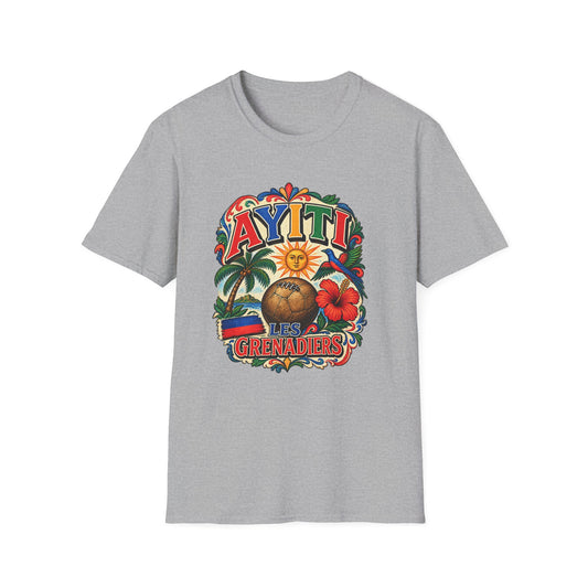 (Osnel)Haiti Grenadiers T-Shirt — Tropical Palm, Hibiscus & Drum Vacation Tee