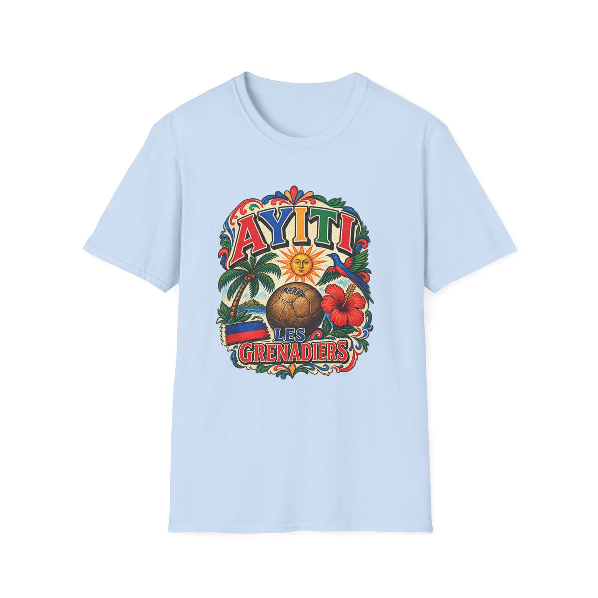 (Osnel)Haiti Grenadiers T-Shirt — Tropical Palm, Hibiscus & Drum Vacation Tee