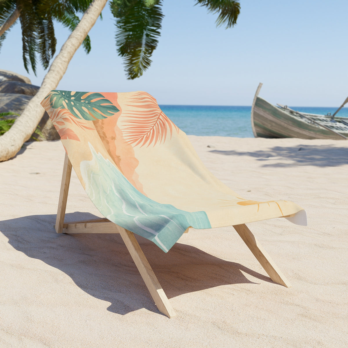 Tropical Sunrise Beach Towel with Sun, Waves & Palm Leaves – Designed by Maxo