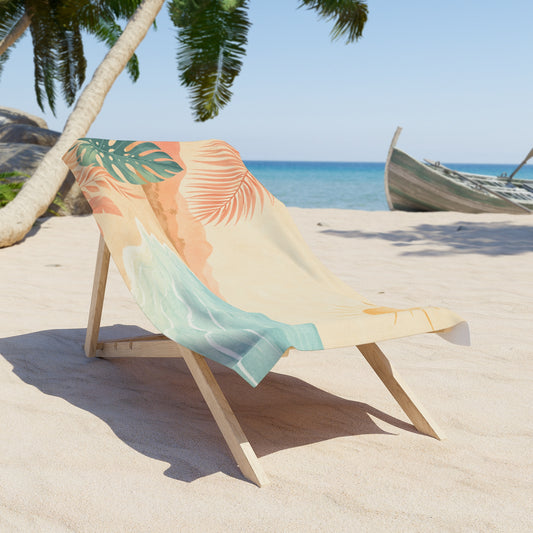 Tropical Sunrise Beach Towel with Sun, Waves & Palm Leaves – Designed by Maxo