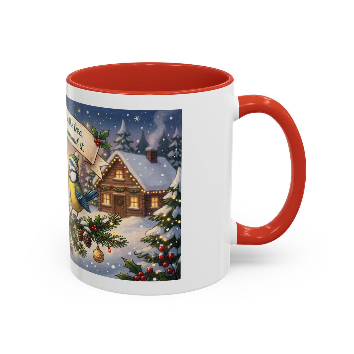 Cozy Christmas Ceramic Mug – Winter Cabin & Cardinal Holiday Coffee Cup | Helping Hands Orphanage – Designed by Osnel