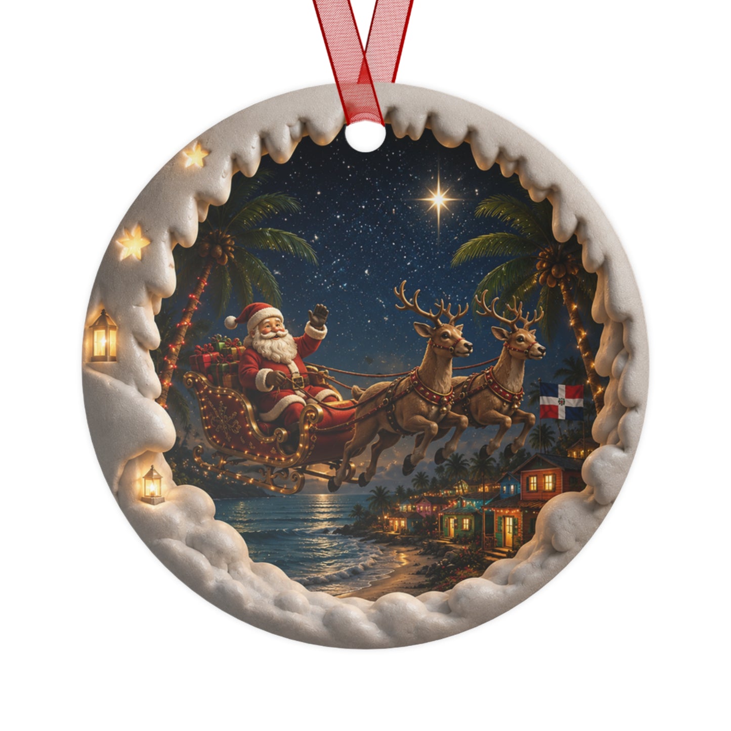 Caribbean Christmas Decoration Dominican Republic Ornament Santa Over Tropical Waters Island Holiday Decor Palm Tree Scene Beach Village Lights Cultural Gift Idea Unique Tree Decoration Turquoise Ocean Design Festive Coastal Ornament