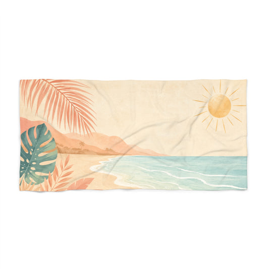 Tropical Sunrise Beach Towel with Sun, Waves & Palm Leaves – Designed by Maxo