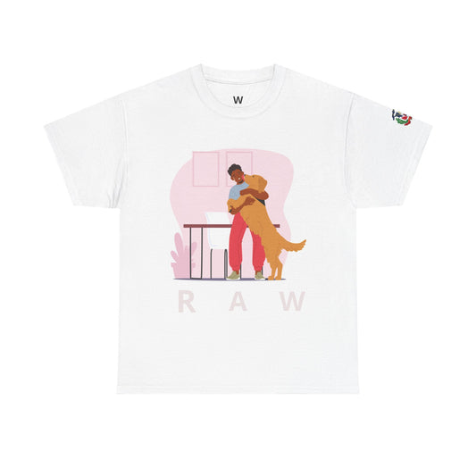 RAW Graphic T-Shirt with Dog Hug Illustration and Floral Letter R – Designed by Osnel