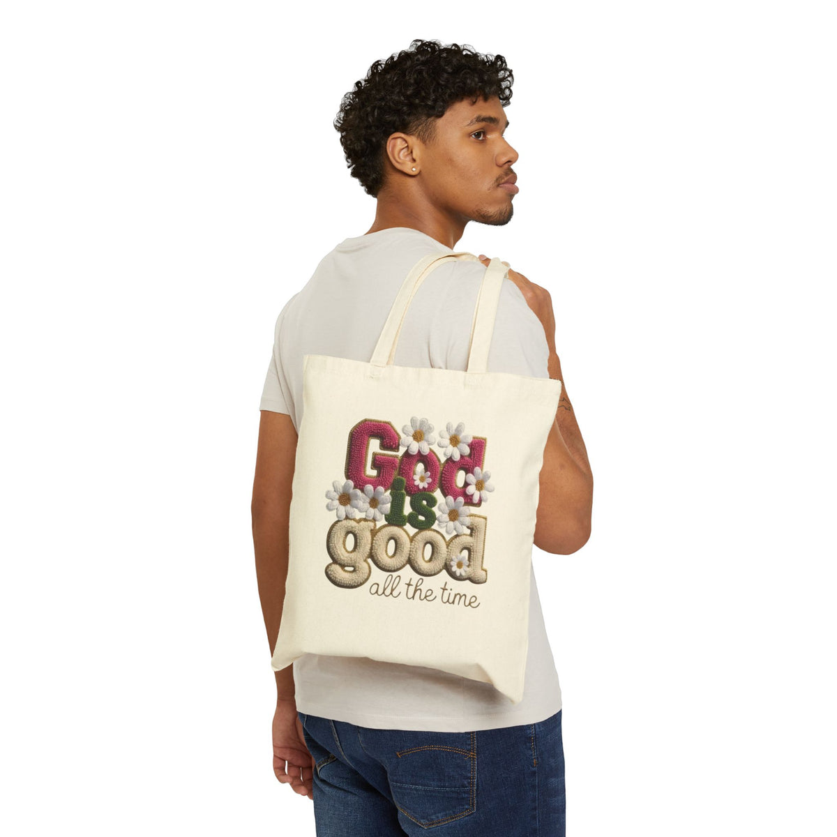 God Is Good All the Time Floral Cotton Canvas Tote Bag – Designed by Ezequiel
