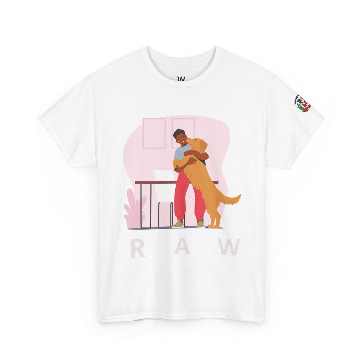 RAW Graphic T-Shirt with Dog Hug Illustration and Floral Letter R – Designed by Osnel
